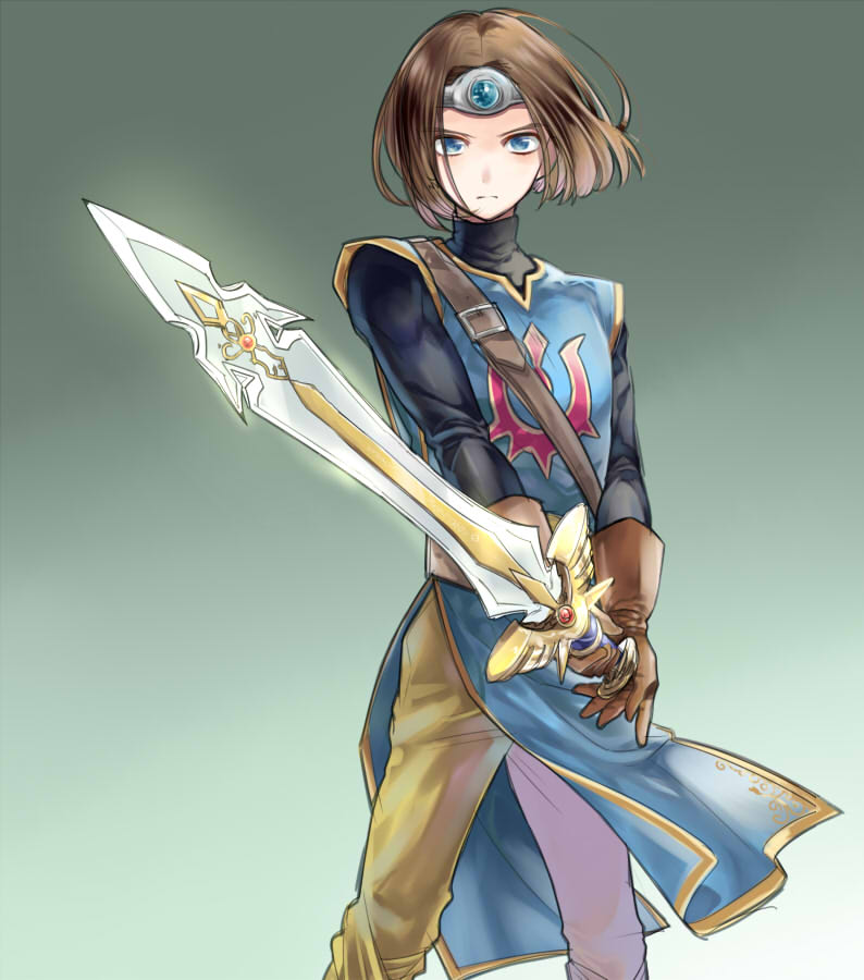 1boy aqua_gemstone belt black_shirt blue_eyes blue_tabard brown_belt brown_gloves brown_hair circlet commentary_request cosplay dragon_quest dragon_quest_xi floating_clothes floating_hair gloves gradient_background green_background harachann0524 hero_(dq11) holding holding_sword holding_weapon looking_at_viewer male_focus official_alternate_costume pants roche_(dq11) roche_(dq11)_(cosplay) shirt short_hair silver_circlet solo sword tabard weapon yellow_pants
