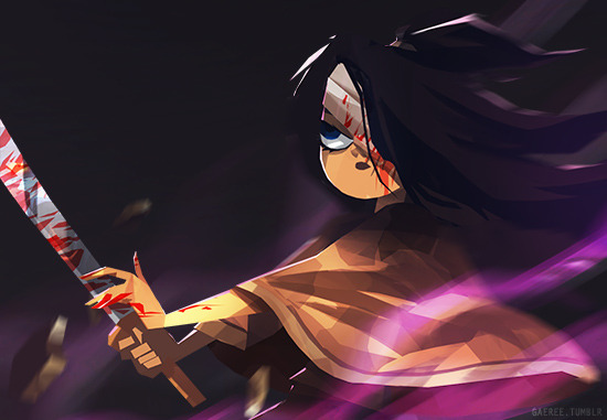 1girl angry bandage_over_one_eye black_background black_hair blood blood_on_face blood_on_hands bloody_weapon blue_eyes brown_cloak buddy_(lisa) cloak commentary english_commentary fire gaeree holding holding_sword holding_weapon lisa_(series) lisa_the_joyful long_hair looking_to_the_side rubble sword tumblr_username weapon