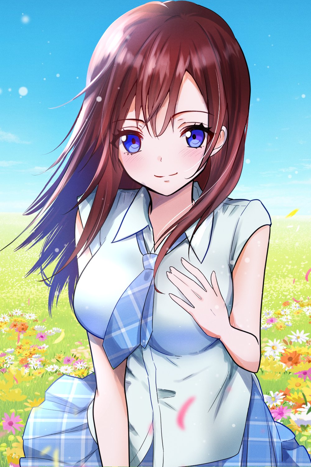 1girl azusa_(azchemist63) blue_eyes blue_necktie blue_skirt blue_sky breasts closed_mouth field flower flower_field highres kairi_(kingdom_hearts) kingdom_hearts kingdom_hearts_ii large_breasts long_hair looking_at_viewer necktie outdoors petals red_hair school_uniform skirt sky smile solo sunflower yellow_flower