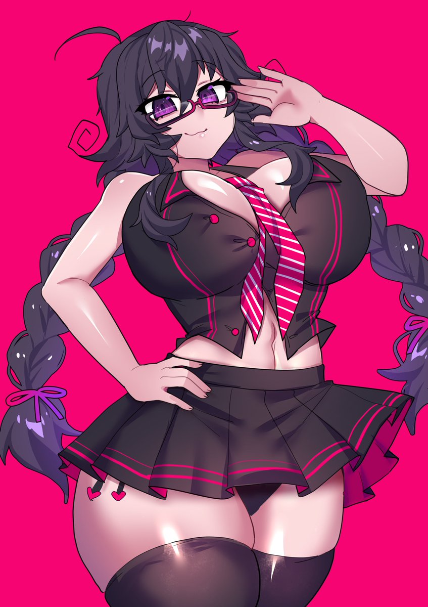 1girl ahoge alternate_costume between_breasts breasts cleavage commentary crawling_dreams english_commentary glasses hand_on_own_hip highres huge_breasts long_hair magenta_background merryweather midriff miniskirt navel necktie nyarla_(osiimi) osiimi pink_background purple_eyes purple_hair school_uniform shirt simple_background skirt sleeveless sleeveless_shirt striped_necktie thick_thighs thighs twintails wide_hips
