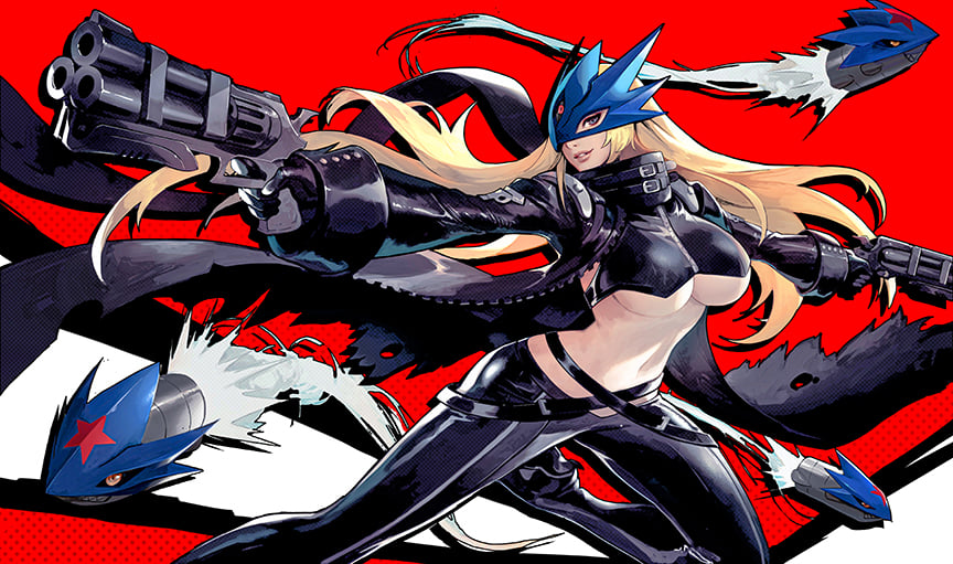 1girl artist_collaboration beelstarmon belt belt_collar black_belt black_footwear black_gloves black_jacket black_pants black_scarf black_vest blonde_hair blue_eyes breasts bullet cape collar combination_weapon commentary_request cropped_vest digimon digimon_(creature) dual_wielding floating_hair fly_bullet gloves gun handgun heterochromia high_heels holding holding_gun holding_weapon jacket kai_e knife large_breasts leather leather_jacket leather_pants long_hair looking_at_viewer mask missile multiple-barrel_gun navel nikusenpai open_clothes open_jacket outstretched_arms pants parted_lips pistol red_background red_eyes revolver rizoma_de_loto scarf sidelocks smile solo sozomaika standing standing_on_one_leg stomach third_eye tight_clothes tight_pants torn_cape torn_clothes torn_coat torn_jacket triple-barreled_revolver two-tone_background underboob vest volley_gun weapon white_background zipper