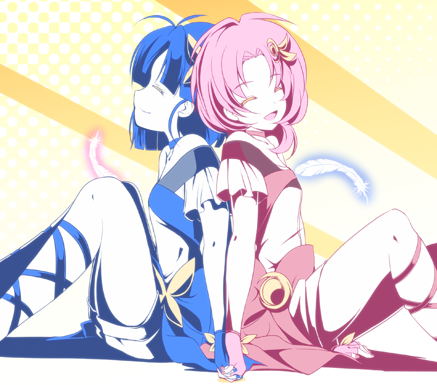back-to-back blue_hair cardfight!!_vanguard cardfight!!_vanguard_g chouno_ami clasp holding_hands mitumi_mira thighs yuri