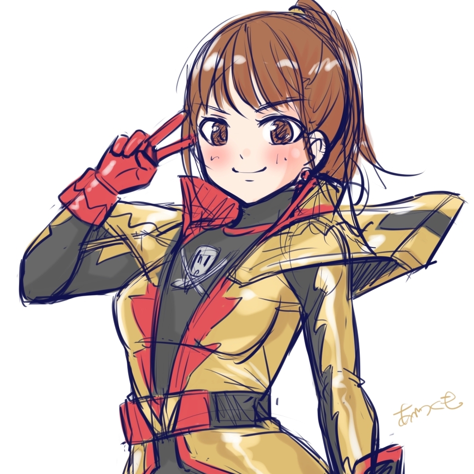 1girl abe_tsukumo brown_hair flint_goldtsuiker kikai_sentai_zenkaiger super_sentai twokaiser v v