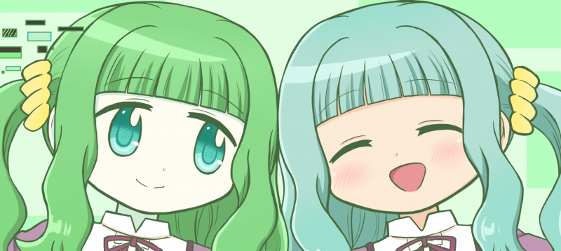 2girls :d ^_^ ai-chan_(madoka_magica) aqua_hair bad_id bad_twitter_id blunt_bangs blush closed_eyes closed_mouth collared_shirt dot_nose facing_viewer glitch green_background green_hair hair_ornament hair_scrunchie happy long_hair looking_at_another magia_record:_mahou_shoujo_madoka_magica_gaiden mahou_shoujo_madoka_magica mizuna_girls&#039;_academy_school_uniform multiple_girls neck_ribbon open_mouth portrait purple_ribbon purple_shirt reverse_(bluefencer) ribbon school_uniform scrunchie shirt sidelocks smile twintails wavy_hair white_shirt yellow_scrunchie