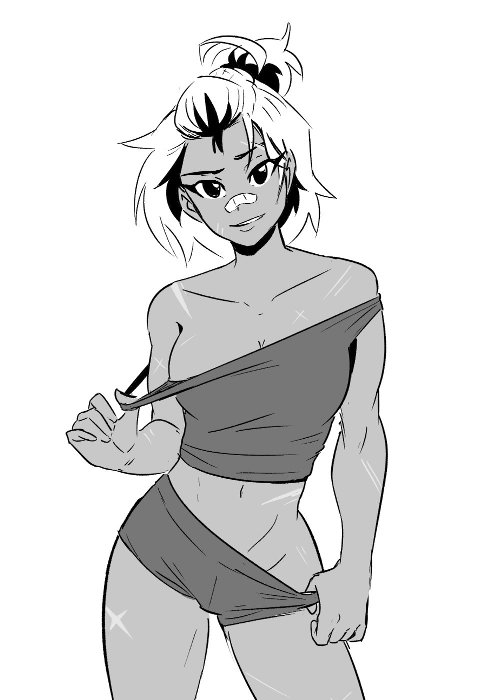 1girl bandaid bandaid_on_face bandaid_on_nose beck_shiloh breasts clothes_pull collarbone commentary cropped_shirt english_commentary greyscale highres looking_at_viewer midriff monochrome multicolored_hair muscular muscular_female navel original parted_lips ponytail rumble_after_dark scar shirt_pull short_ponytail short_shorts shorts shorts_pull simple_background solo spicymancer standing toned toned_female triangle_mouth two-tone_hair