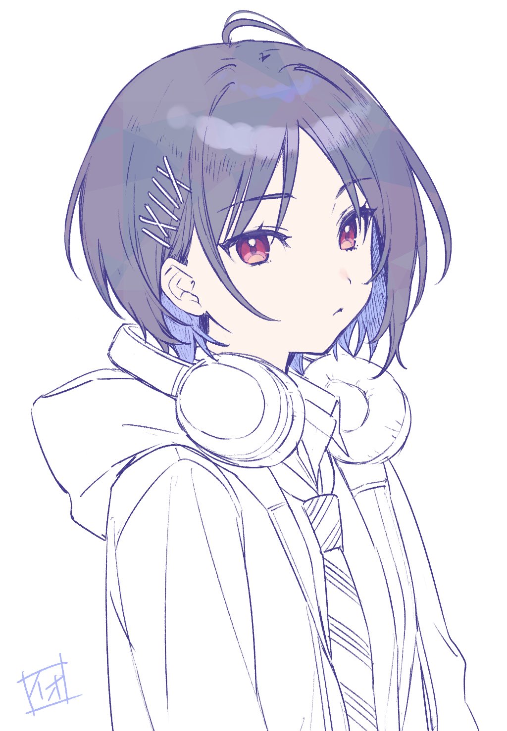 1girl ahoge arms_at_sides black_hair closed_mouth commentary_request eyelashes from_side gakuen_idolmaster hair_ornament headphones headphones_around_neck highres hood hood_down hooded_jacket idolmaster jacket long_sleeves looking_at_viewer looking_to_the_side mashiro_yu natsuno_io necktie partially_colored school_uniform shirt short_hair signature simple_background solo standing straight_hair upper_body white_background x_hair_ornament