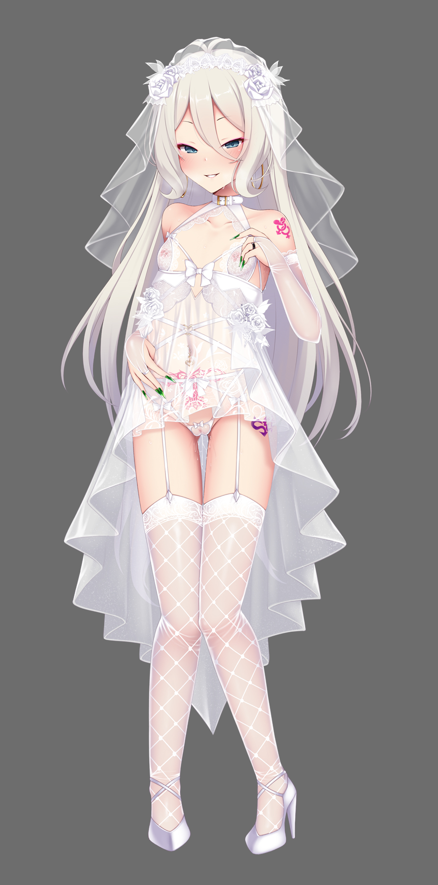 1girl animal_collar aqua_eyes belt_collar bow bow_panties bridal_gauntlets bridal_veil cameltoe collar collarbone dress earrings female_focus fingernails fishnets flat_chest full_body garter_belt garter_straps green_nails grey_background grin hair_between_eyes halter_dress halterneck heavy_breathing high_heels highleg highleg_panties highres hoop_earrings jewelry knees_together_feet_apart kokkoro_(princess_connect!) kokkoro_(real)_(princess_connect!) long_fingernails long_hair looking_at_viewer nail_polish navel_piercing nipples o-ring panties parted_lips piercing princess_connect! puririn pussy pussy_juice see-through_clothes silver_hair simple_background smile solo standing steam thigh_gap thighhighs underwear veil wedding_dress white_dress