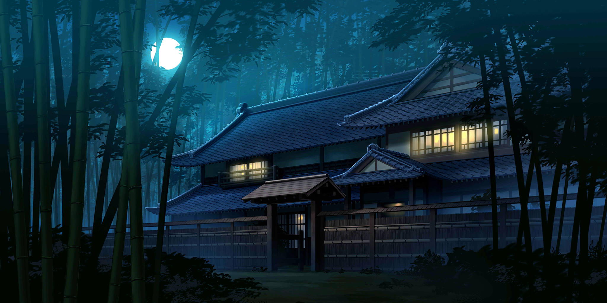 architecture balcony bamboo bamboo_forest bush east_asian_architecture eientei fence forest full_moon grass highres house kosian moon nature night no_humans non-web_source official_art scenery second-party_source touhou touhou_lostword