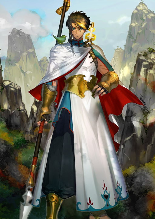 1boy animal animal_on_shoulder araya_(hachino_araya) arm_at_side armor bird bird_on_shoulder black_gloves black_pants blue_eyes bracer brown_hair capelet chinese_clothes closed_mouth clothing_request dark-skinned_male dark_skin facial_scar fate/grand_order fate_(series) feet_out_of_frame fingerless_gloves game_cg gloves gold_armor green_bird hair_between_eyes hand_on_own_hip high_collar holding holding_polearm holding_weapon huang_feihu_(fate) legs_apart long_sleeves looking_at_viewer male_focus multiple_scars official_art pankou pants polearm red_capelet scar scar_on_cheek scar_on_face scar_on_nose short_hair side_slit smile solo spear standing third-party_source two-sided_capelet variant_set weapon weapon_on_back white_capelet