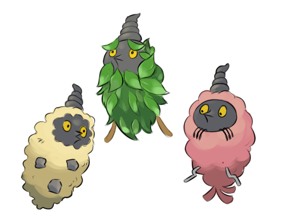 burmy burmy_(plant) burmy_(sandy) burmy_(trash) commentary creature english_commentary full_body gen_4_pokemon nintendo no_humans pokemon pokemon_(creature) simple_background squeakykins white_background yellow_eyes