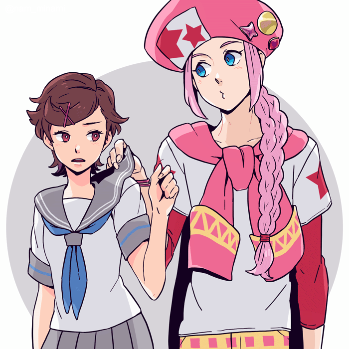 1boy 1girl blue_eyes blue_neckerchief bracelet braid bright_pupils brown_hair classicaloid dramatica grey_sailor_collar grey_skirt hair_ornament hat jewelry neckerchief open_mouth otowa_kanae pink_hair pink_hat pleated_skirt pursed_lips sailor_collar school_uniform shirt short_hair short_sleeves skirt white_pupils white_shirt wolfgang_amadeus_mozart_(classicaloid)