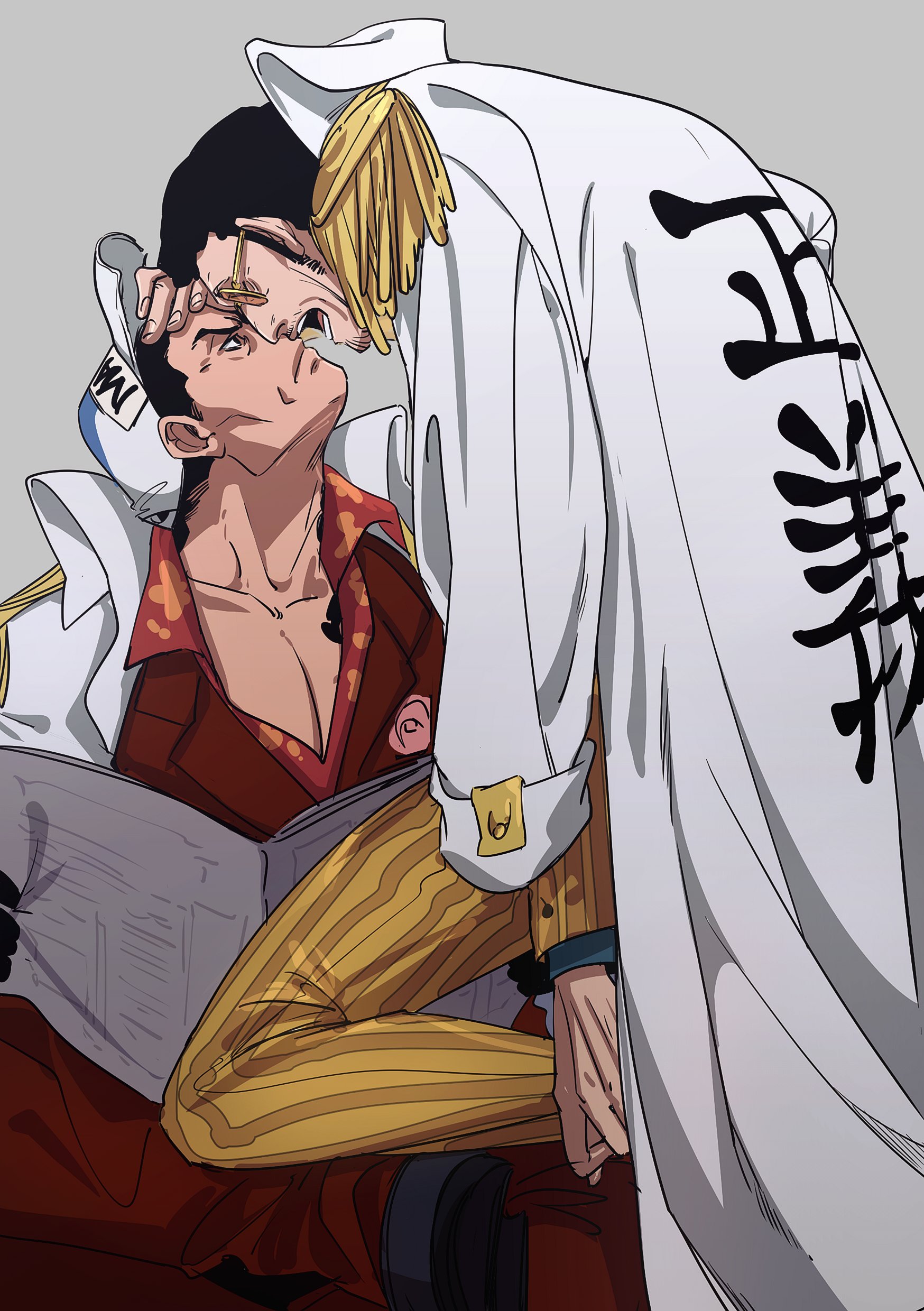 2boys 6cheetah absurdres borsalino_(kizaru) couple face-to-face facial_hair formal_clothes from_side hand_on_another's_face highres holding holding_newspaper long_sideburns male_focus mature_male multiple_boys mustache_stubble newspaper one_piece pectoral_cleavage pectorals profile sakazuki_(akainu) short_hair sideburns sparse_stubble stubble suit sunglasses talking yaoi