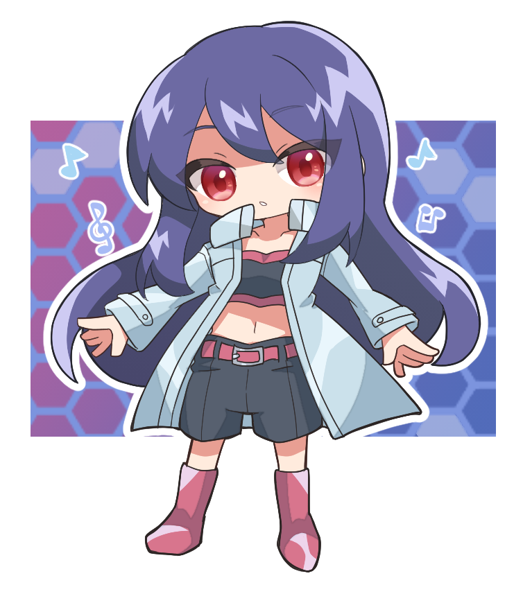 1girl belt blue_coat boots border classicaloid coat collarbone deformed jolly_(classicaloid) long_hair looking_at_viewer marine6turb midriff musical_note navel parted_lips pink_belt red_eyes solo white_border