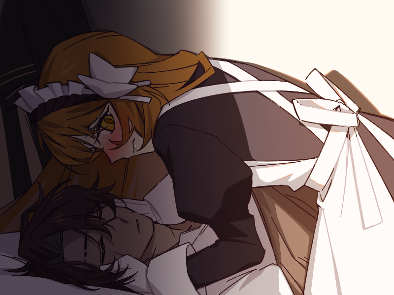 1boy 1girl apron black_dress blush bow closed_mouth dress gloves green_eyes hair_bow heathcliff_(project_moon) hetero ishmael_(project_moon) juliet_sleeves limbus_company long_hair long_sleeves looking_at_viewer maid maid_apron maid_headdress mercuryhx orange_hair project_moon puffy_sleeves rope sidelocks sleeping sleeve_cuffs under_covers very_long_hair white_bow white_gloves wuthering_heights_(identity)_(project_moon)