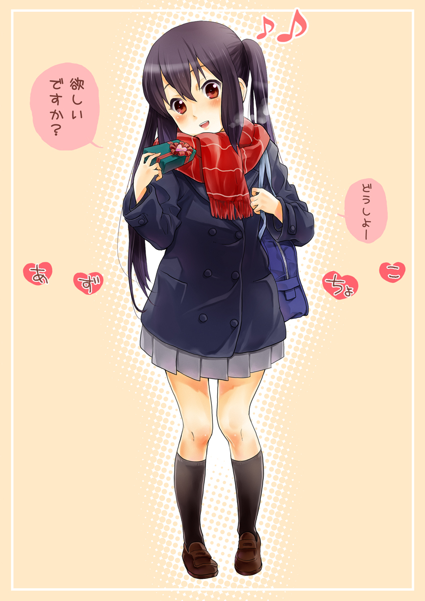 1girl bag black_hair blush brown_eyes check_translation coat female_focus full_body gift heart_(symbol) highres k-on! long_hair looking_at_viewer minimaru musical_note nakano_azusa open_mouth quaver red_scarf scarf school_uniform solo standing striped_clothes striped_scarf translation_request twintails