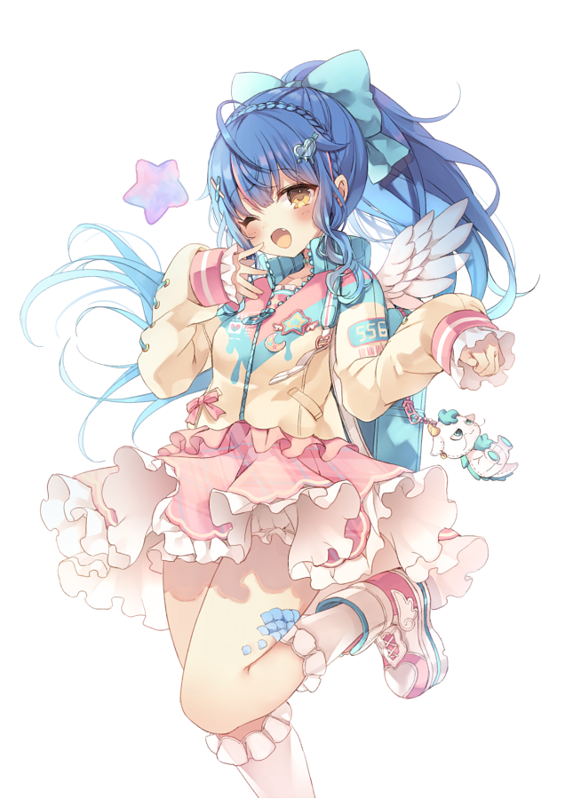 1girl ;d amamiya_kokoro amamiya_kokoro_(4th_costume) backpack bag bag_charm blue_bow blush bow braid brown_jacket charm_(object) collarbone commentary_request crescent crown_braid fang feathered_wings feet_out_of_frame flower frilled_skirt frilled_socks frills hair_bow jacket long_hair long_sleeves looking_at_viewer nijisanji one_eye_closed open_mouth pink_flower pink_skirt pleated_skirt ponytail puffy_long_sleeves puffy_sleeves rento_(rukeai) shoes simple_background skirt sleeves_past_wrists smile socks solo sts stuffed_animal stuffed_goat stuffed_toy very_long_hair virtual_youtuber white_background white_socks white_wings wings yellow_eyes