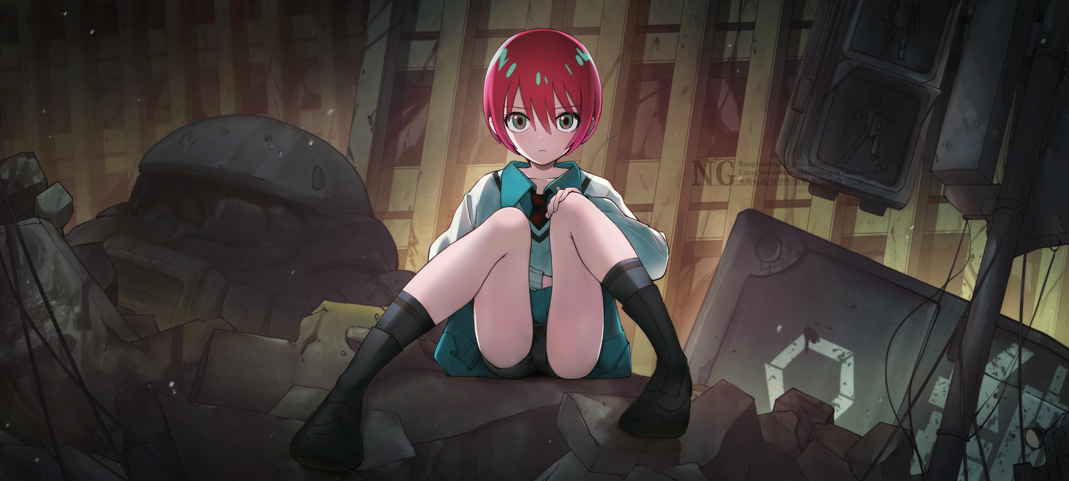 1girl absurdres amate_yuzuriha black_boots black_shorts black_socks boots building cable closed_mouth collared_shirt commentary dress_shirt expressionless green_eyes green_shirt green_skirt gundam gundam_gquuuuuux hair_between_eyes hand_on_own_knee harii_(janib5kc) highres kneehighs knees_up long_sleeves looking_at_viewer neckerchief outdoors pedestrian_lights pleated_skirt puffy_long_sleeves puffy_sleeves red_hair red_neckerchief rubble ruins school_uniform shirt short_hair shorts simple_background sitting skirt socks solo sweater white_sweater zaku_ii
