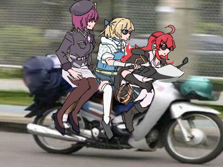 3girls ahoge asami_makiko_(heaven_burns_red) blonde_hair bow breasts eyepatch green_eyes heaven_burns_red long_hair meme multiple_girls nanase_nanami_(heaven_burns_red) pantyhose purple_hair rantan_0925 red_eyes red_hair shirt short_hair tezuka_saki