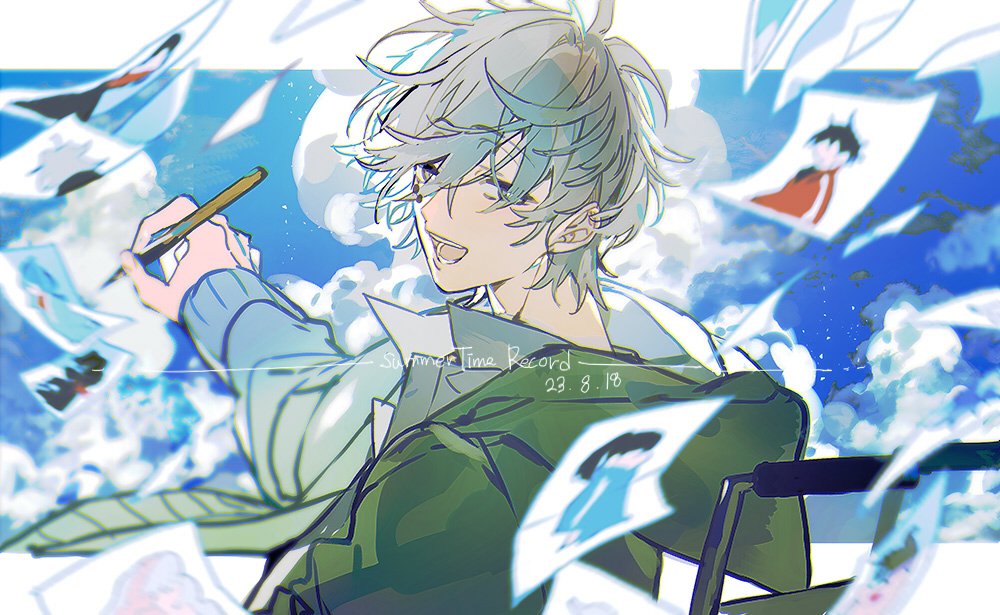 1boy blue_cardigan blue_sky cardigan cloud dated enomoto_takane holding holding_pen kagerou_project kisaragi_shintarou kokonose_haruka male_focus paper pen sapphire_(nine) sky solo summertime_record_(vocaloid) sweater upper_body white_hair white_sweater
