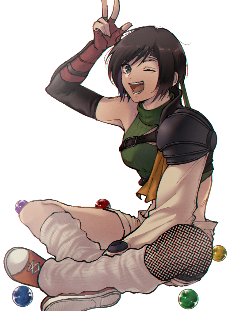 1girl arm_guards armor beckey9415 beige_shorts belt black_hair brown_eyes final_fantasy final_fantasy_vii final_fantasy_vii_remake fingerless_gloves fishnets gloves green_shirt hair_between_eyes headband leg_warmers materia one_eye_closed open_mouth shirt shoes short_hair shoulder_armor sneakers solo square_enix turtleneck white_background wink yuffie_kisaragi