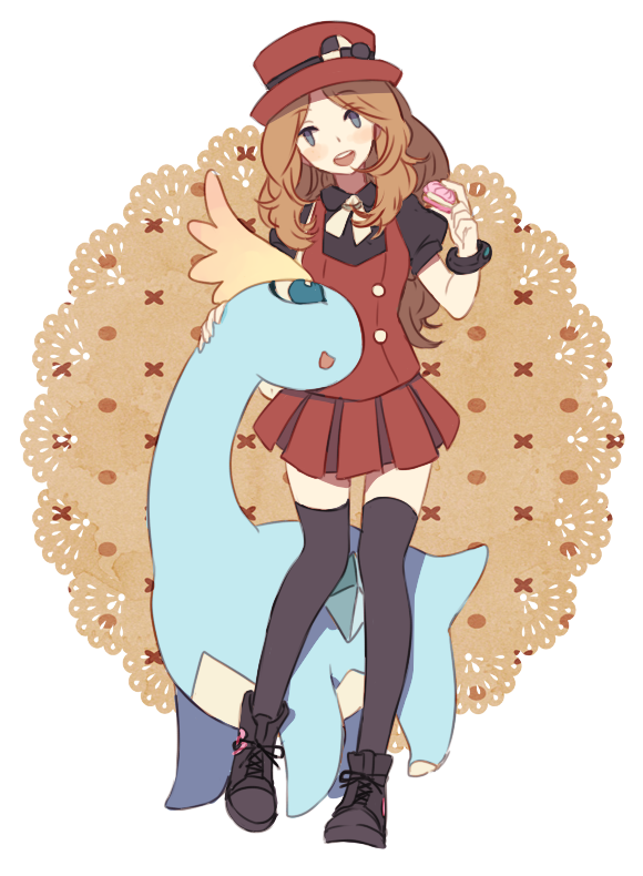 10s 1girl ai-wa amaura ascot black_thighhighs blue_eyes brown_hair doily full_body gen_6_pokemon hat long_hair nintendo open_mouth pleated_skirt poke_puff pokemon pokemon_(creature) pokemon_xy pokepuff puffy_sleeves red_headwear red_skirt serena_(pokemon) shoes skirt smile sneakers thighhighs transparent_background zettai_ryouiki