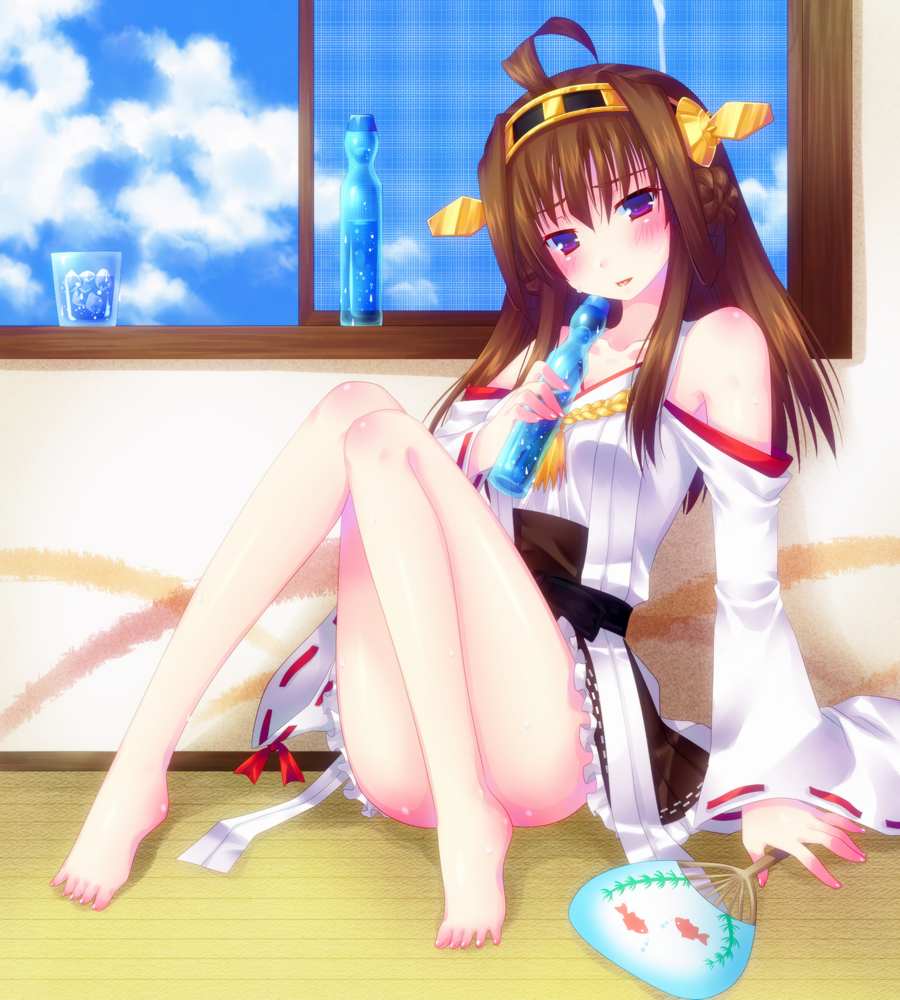 10s 1girl :p ahoge arm_support bad_id bad_pixiv_id barefoot brown_hair detached_sleeves door_to_heaven female_focus fish goldfish hairband hand_fan hot ice ice_cube japanese_clothes kantai_collection kongou_(kancolle) long_hair nontraditional_miko paper_fan purple_eyes ramune sitting solo sweat tongue tongue_out uchiwa wide_sleeves