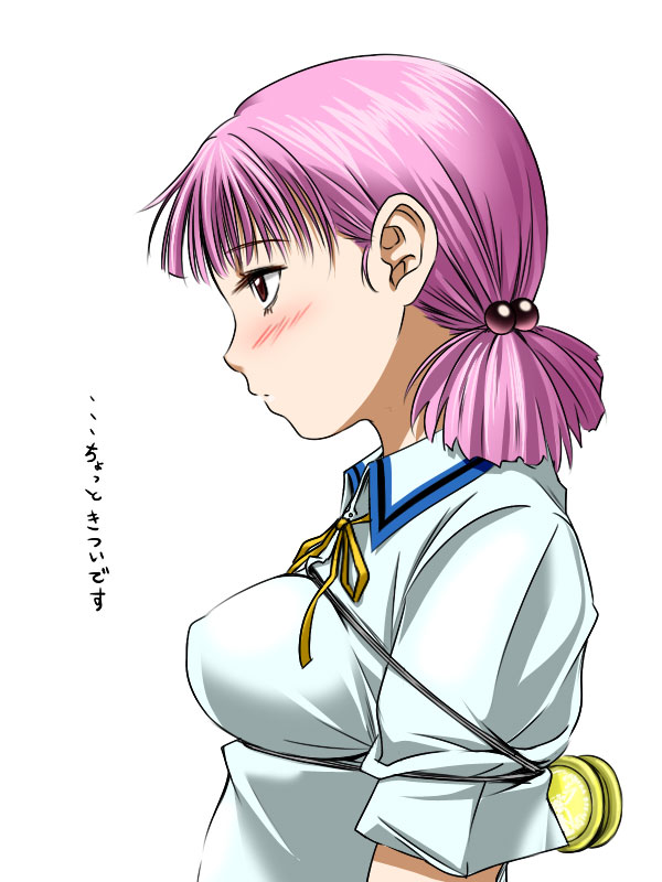 1girl bdsm blush bondage bound breasts chousoku_spinner covered_erect_nipples female_focus hair_bobbles hair_ornament isshiki_eishin kirisaki_mai pink_eyes pink_hair profile red_eyes rope school_uniform serafuku short_hair short_twintails simple_background solo tanabota_(tarusim) translation_request twintails upper_body yo-yo