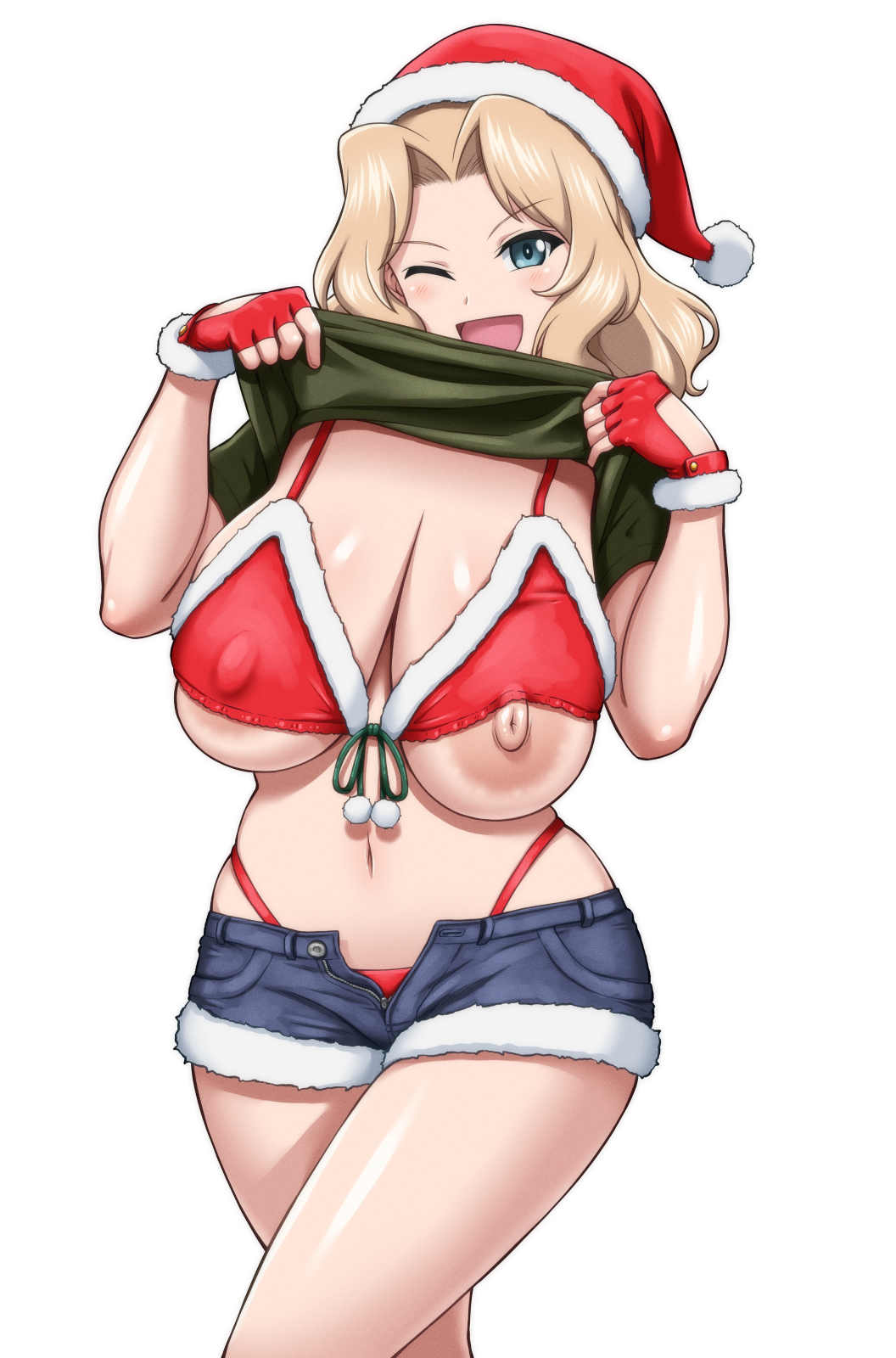 1girl areola_slip blonde_hair breasts clothes_lift curvy denim denim_shorts feet_out_of_frame fingerless_gloves girls_und_panzer gloves hat highres huge_breasts jacket kay_(girls_und_panzer) large_breasts long_hair looking_at_viewer metal_man10 nipple_slip nipples one_eye_closed open_clothes open_jacket open_mouth santa_hat shirt_lift shorts simple_background smile standing white_background wink