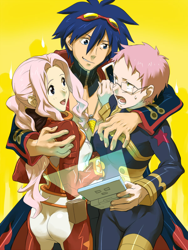00s 1boy 2girls ass baariya blue_eyes bodysuit cybela_kuto darry_adai girl_sandwich glasses hug long_hair multiple_girls neck_brace pimp pink_hair ponytail sandwiched short_hair simon_(ttgl) tengen_toppa_gurren_lagann yellow_eyes