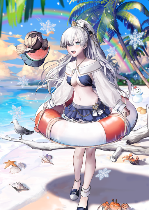 1girl :d anastasia_(fate) anastasia_(swimsuit_archer)_(fate) anastasia_(swimsuit_archer)_(third_ascension)_(fate) ankleband anklet arms_at_sides bare_shoulders beach bikini bikini_skirt blue_bikini blue_shoes blue_skirt blue_sky blush bow breasts cleavage cloud day detached_sleeves doll fate/grand_order fate_(series) food foot_out_of_frame frilled_skirt frills fruit game_cg hair_bow hair_over_one_eye high_ponytail holding holding_food holding_fruit holding_swim_ring innertube jewelry layered_skirt long_hair long_sleeves looking_at_viewer medium_breasts miniskirt navel off-shoulder_bikini off_shoulder official_art open_mouth palm_tree parted_bangs pendant ponytail puffy_long_sleeves puffy_sleeves rainbow shoes sime_(echo) skirt sky sling_bikini_top smile snow snowflakes snowing solo standing stomach swim_ring swimsuit teeth third-party_source tree underboob upper_teeth_only variant_set very_long_hair viy_(fate) watermelon watermelon_slice white_bow white_hair white_sleeves wide_ponytail