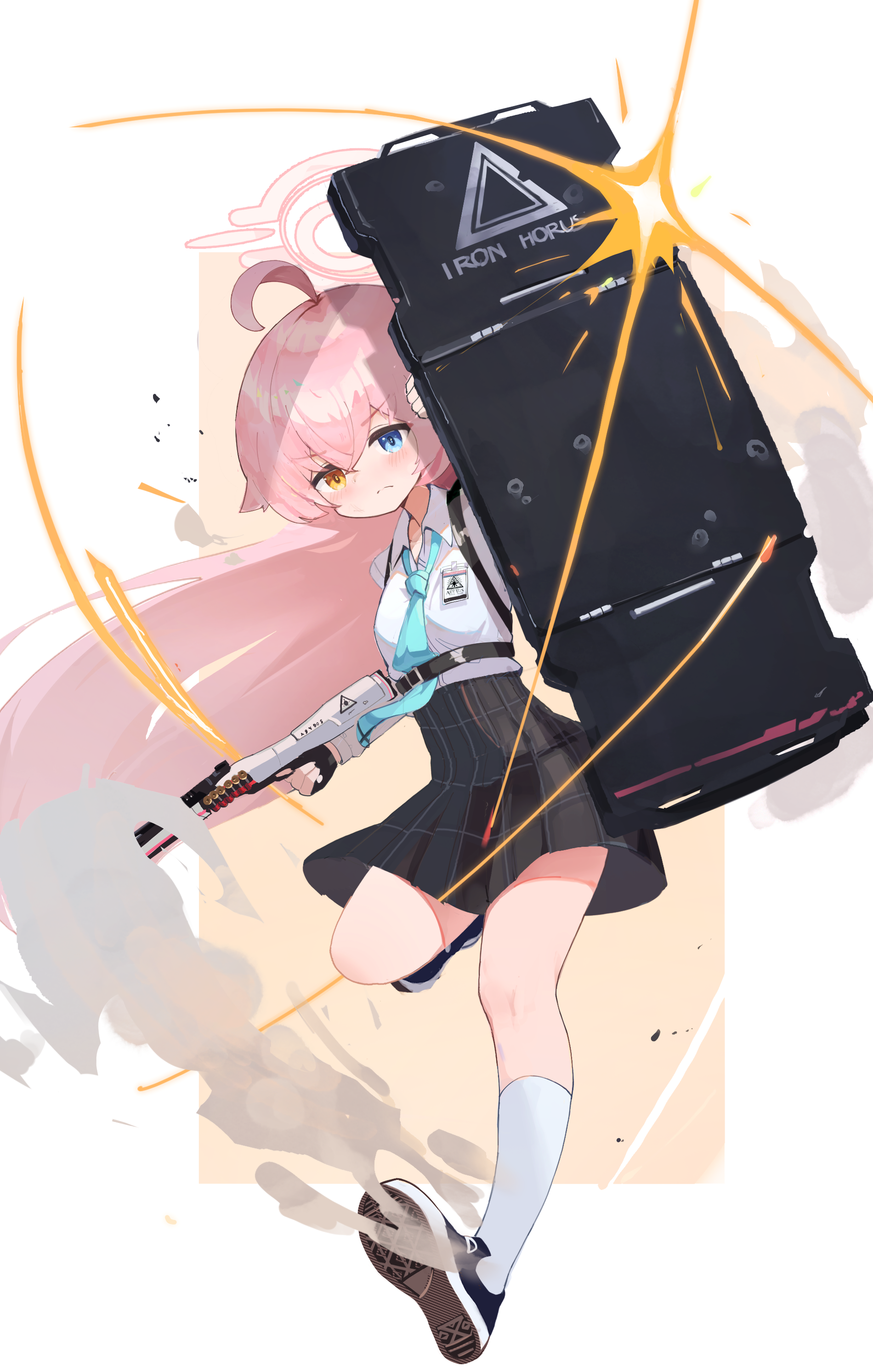 1girl absurdres ahoge beretta_1301 black_skirt blue_archive blue_eyes breast_strap breasts full_body gun halo heterochromia highres holding holding_gun holding_shield holding_weapon hoshino_(blue_archive) pink_hair riot_shield shield shoes shotgun skirt small_breasts sneakers socks solo standing sun_(65693337) weapon white_socks