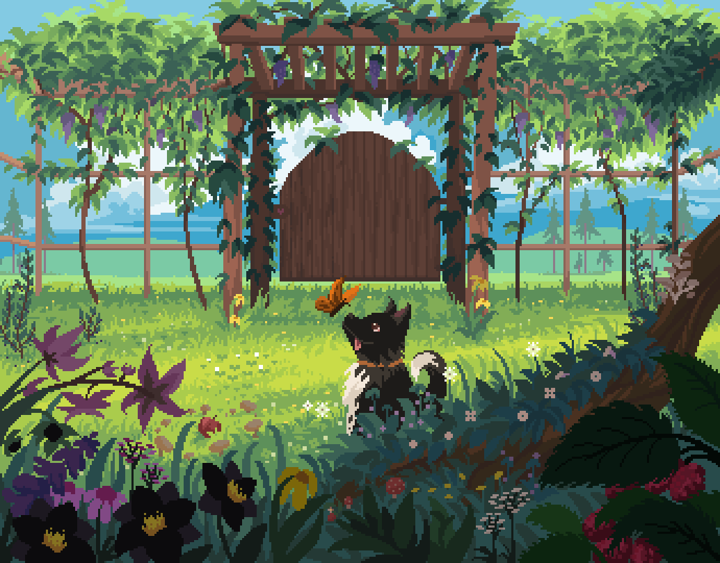 apple blue_sky bug butterfly cloud commentary day dog english_text fence flower flower_request food fruit garden gate grass hill insect jubilee_(8pxl) leaf mushroom no_humans original outdoors pergola pink_flower pixel_art plant purple_flower scenery sky strawberry tongue tongue_out tree trellis yellow_flower