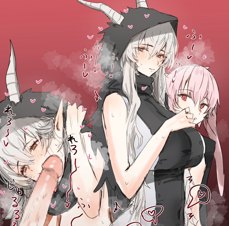 1boy 1girl adapted_costume adjusting_hair ansel_(arknights) arknights black_dress black_hood blush breasts breath brown_eyes censored closed_mouth commentary covered_navel demon_horns dress erection fellatio grey_dress hand_on_own_chest heart hetero hood hood_up horn/wood horns large_breasts long_hair looking_at_penis looking_at_viewer mosaic_censoring multiple_views oral penis pink_hair pointy_ears red_background red_eyes shining_(arknights) simple_background sleeveless sleeveless_dress sound_effects steaming_body sweat two-tone_dress upper_body