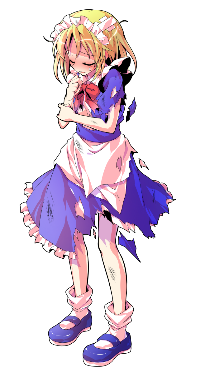1girl apron bare_arms blonde_hair blue_dress blue_shoes blush bobby_socks bow bowtie closed_eyes commentary_request dairi dress frilled_dress frills full_body highres large_variant_set maid maid_headdress mary_janes mugetsu_(touhou) open_mouth red_bow red_bowtie shoes short_sleeves socks solo standing sweatdrop torn_clothes torn_dress touhou touhou_(pc-98) transparent_background variant_set waist_apron white_apron white_socks yellow_eyes