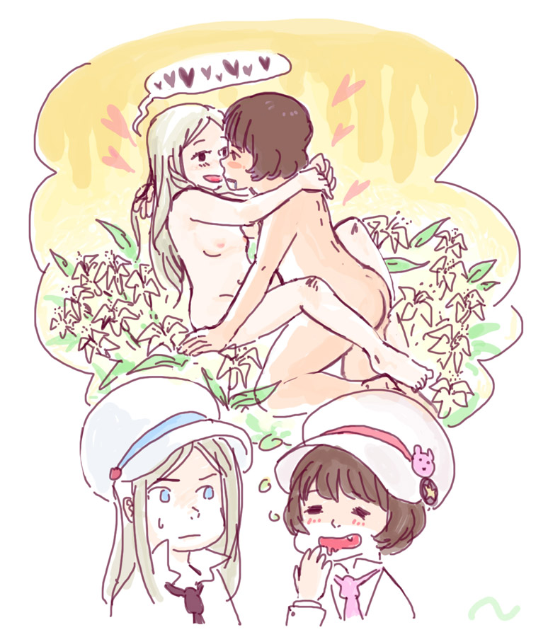 blonde_hair blush heart long_hair nude saliva spoken_heart tsubaki_kureha yuri yuri_kuma_arashi yurishiro_ginko