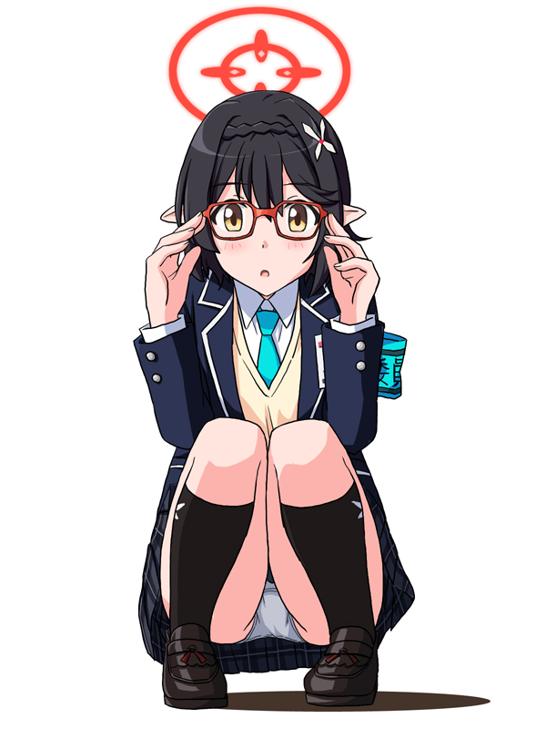 1girl :o adjusting_eyewear aqua_armband aqua_necktie armband ayane_(blue_archive) black_hair black_shoes black_skirt black_socks blazer blue_archive blue_jacket buttons checkered_clothes checkered_skirt commentary_request dot_nose flower full_body hair_between_eyes hair_flower hair_ornament halo jacket legs lielos light_blush long_sleeves looking_at_viewer necktie panties pantyshot pointy_ears red-framed_eyewear red_halo shadow shoes short_hair sidelocks skirt socks solo squatting thighs underwear vest white_background white_panties wing_collar yellow_eyes yellow_vest