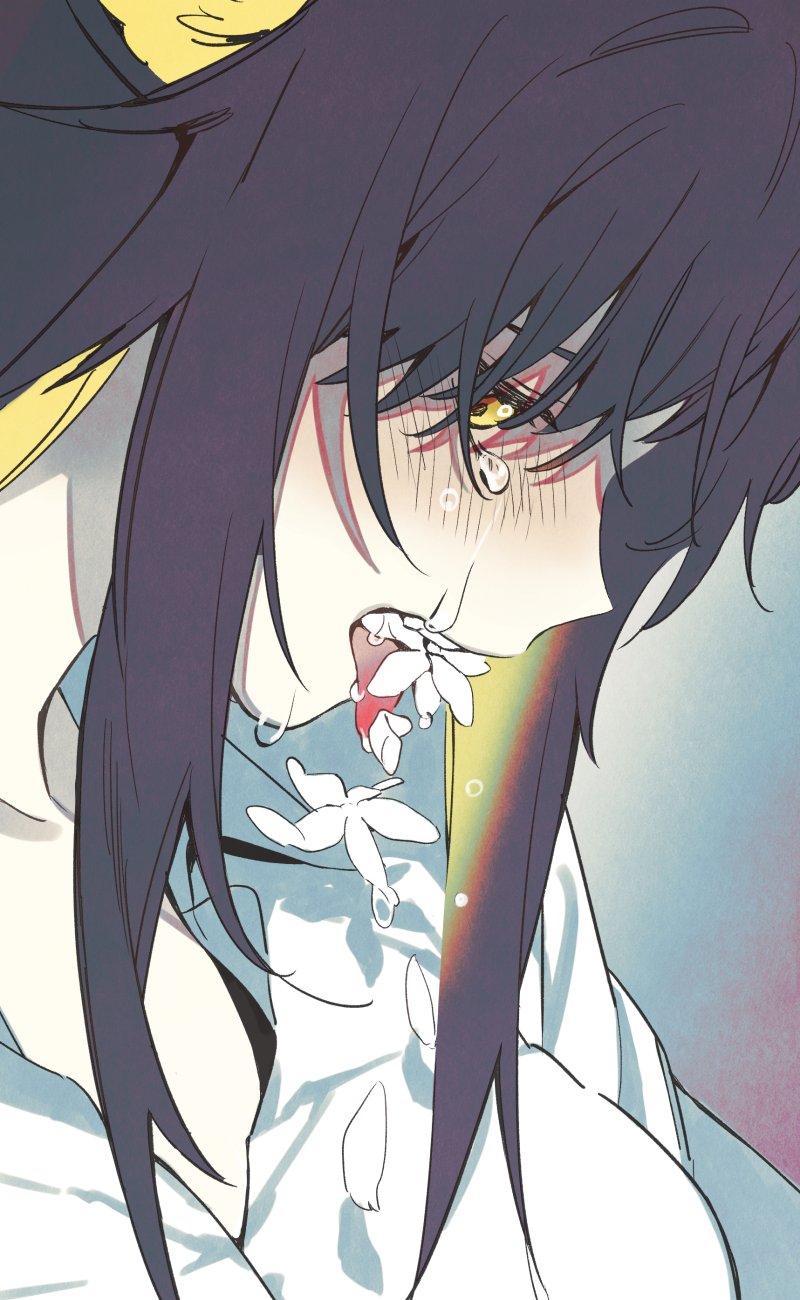 1girl arknights blonde_hair blush brown_hair colored_inner_hair commentary_request coughing_flowers folinic_(arknights) highres korean_commentary long_hair multicolored_hair shirt since2019 solo tears tongue tongue_out white_shirt yellow_eyes