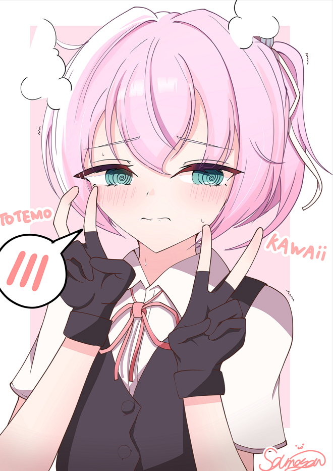 1girl @_@ black_gloves black_vest blue_eyes blush breasts double_v embarrassed fingerless_gloves gloves hair_between_eyes hands_up kantai_collection looking_at_viewer medium_hair pink_hair ponytail sameyan shiranui_(kancolle) shiranui_kai_ni_(kancolle) shirt small_breasts solo spoken_blush upper_body v vest wavy_mouth white_shirt