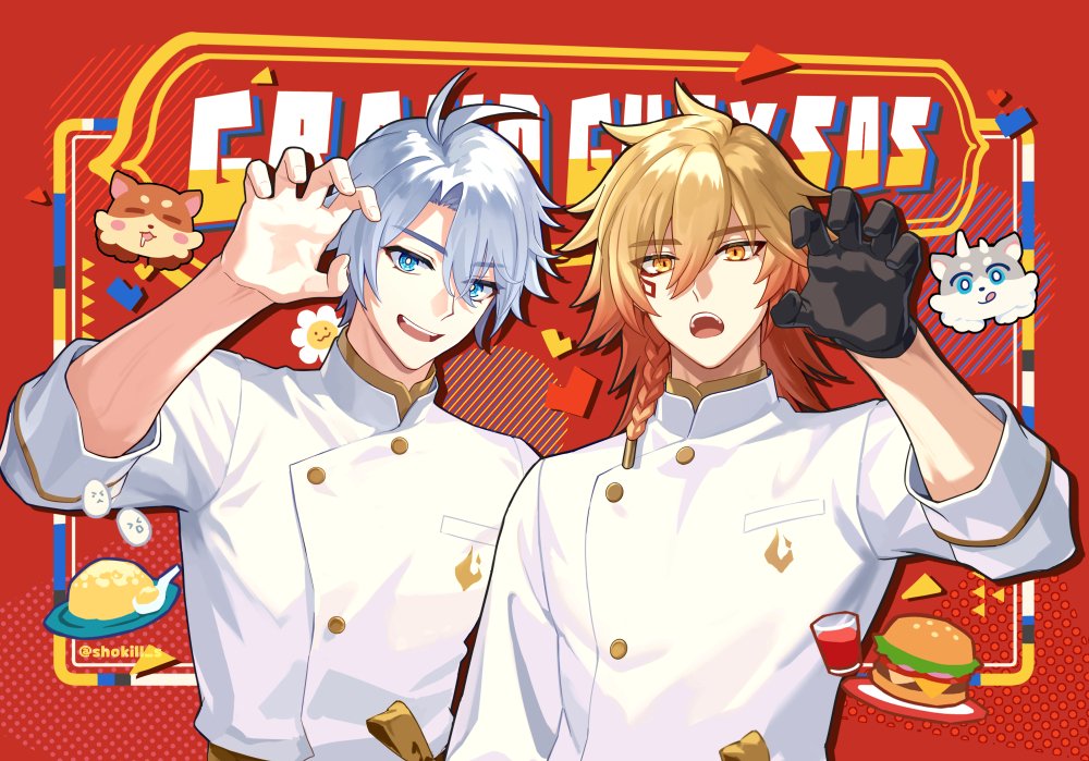 2boys antenna_hair black_gloves blonde_hair blue_eyes braid burger buttons chef chimera_(honkai:_star_rail) claw_pose coat commentary_request cup drinking_glass flower_symbol food gloves gradient_hair hair_between_eyes honkai:_star_rail honkai_(series) korean_commentary looking_at_viewer male_focus medium_hair multicolored_hair multiple_boys mydei_(chrysos_chef)_(honkai:_star_rail) mydei_(honkai:_star_rail) official_alternate_costume open_mouth phainon_(chrysos_chef)_(honkai:_star_rail) phainon_(honkai:_star_rail) red_background red_hair shokill short_hair side_braid teeth upper_teeth_only white_coat white_hair yellow_eyes
