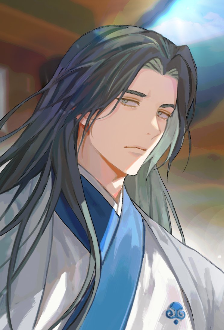 100arnldudnj 1boy baekcheon_(return_of_the_mount_hua_sect) black_hair building chinese_clothes closed_mouth fold-over_collar grey_eyes grey_robe hanfu korean_commentary long_hair looking_to_the_side male_focus return_of_the_mount_hua_sect robe solo upper_body white_hanfu