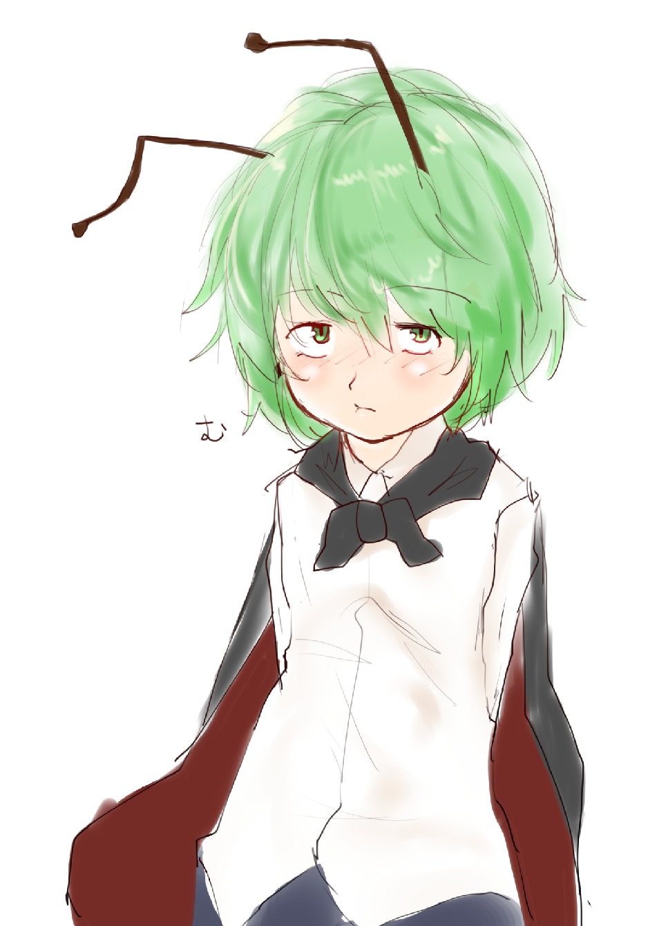 1girl antennae arms_behind_back black_cape blush cape closed_mouth collared_shirt commentary_request expressionless green_eyes green_hair highres long_sleeves looking_at_viewer nose_blush red_cape shirt short_hair simple_background solo touhou two-sided_cape two-sided_fabric unimamo upper_body white_background white_shirt wriggle_nightbug