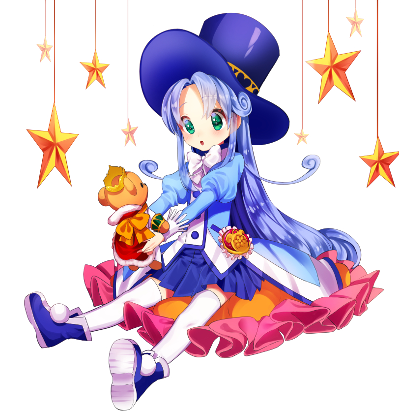 blue_hair blue_skirt crown curly_hair fushigiboshi_no_futago_hime gambe gloves green_eyes hat long_hair magical_girl pixiv rein_(futagohime) shoes sitting skirt star_ornament stuffed_toy thighhighs top_hat white_background white_gloves white_thighhighs
