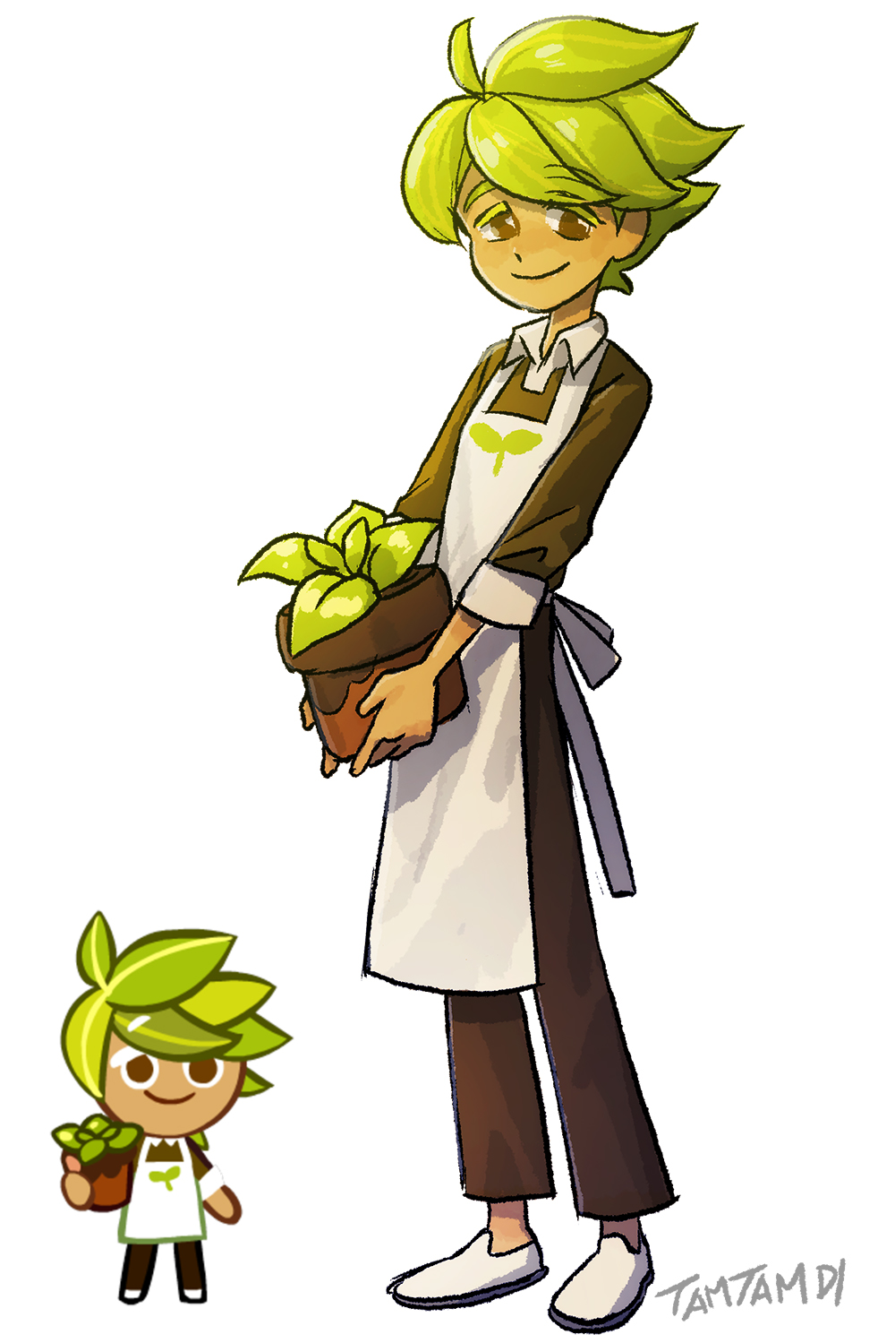 1boy apron artist_name belt brown_belt brown_eyes brown_shirt commentary_request cookie_run full_body green_hair herb_cookie highres holding holding_plant humanization korean_commentary male_focus plant potted_plant reference_inset shirt short_hair signature simple_background smile tamtamdi white_apron white_background white_footwear