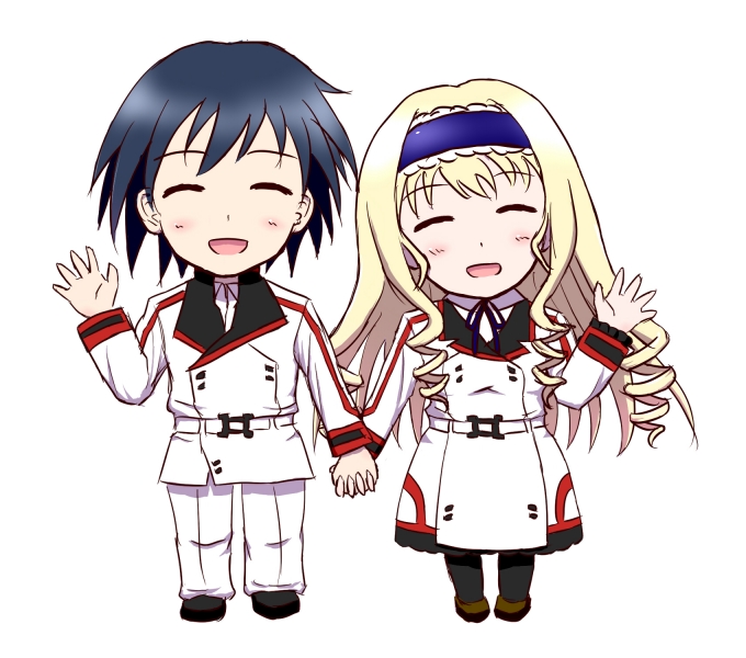1boy 1girl blonde_hair blue_hair cecilia_alcott chibi closed_eyes drill_hair holding_hands infinite_stratos legs open_mouth orimura_ichika pantyhose school_uniform short_hair smile thighs tongue waving