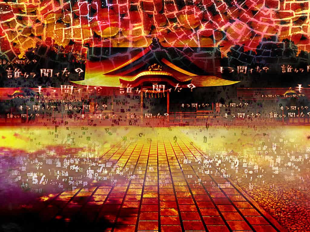 artist_request cloud fence game_cg glitch magia_record:_mahou_shoujo_madoka_magica_gaiden mahou_shoujo_madoka_magica no_humans official_art outdoors path road rope scenery shade shide shimenawa shrine sky tree witch&#039;s_labyrinth