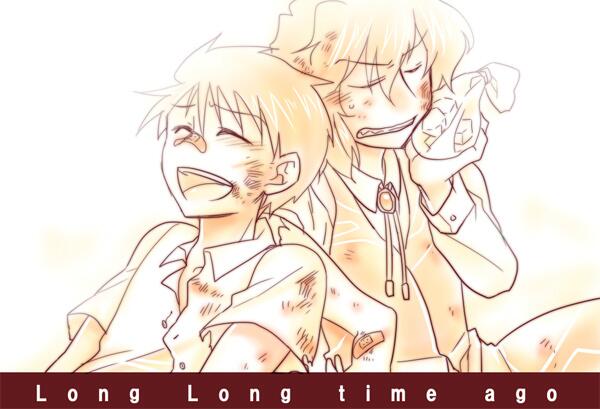 00s 2boys akariya_kuubu bandaid bandaid_on_face bandaid_on_nose black_hair bow bowtie bruise child english_text closed_eyes fangs ice_pack injury male_focus monochrome multiple_boys nanaya_shiki open_mouth short_hair smile tohno_shiki tohno_shiki_(2) tsukihime vest aged_down