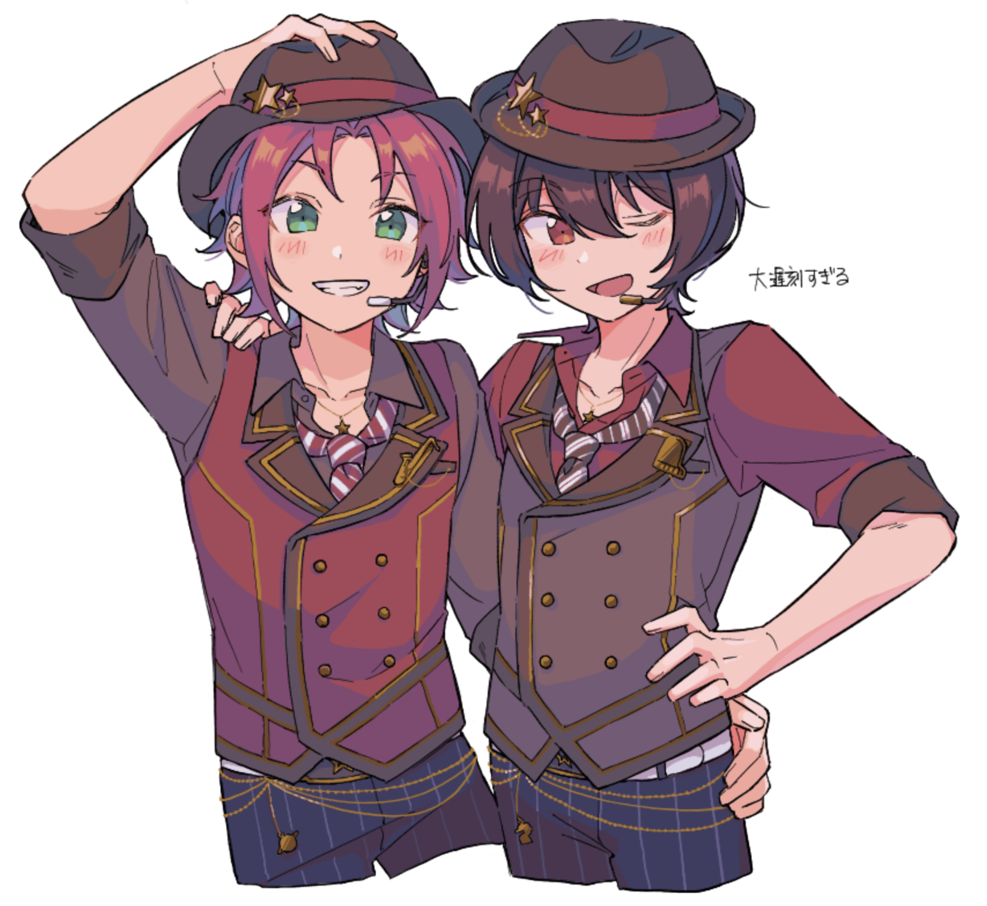 2boys :d ;d adjusting_clothes adjusting_headwear arm_behind_another's_back arm_up bishounen black_hat blue_pants blush bowler_hat brown_necktie brown_vest collared_shirt cowboy_shot diagonal-striped_clothes diagonal-striped_necktie ensemble_stars! green_eyes grin hair_between_eyes hand_on_another's_shoulder hand_on_another's_waist hand_on_own_hat hand_on_own_hip hand_up happy hat hat_ornament headset highres isara_mao looking_ahead looking_to_the_side male_focus multiple_boys necktie niyororinpayamaru one_eye_closed open_collar open_mouth pants pink_hair pinstripe_pants pinstripe_pattern red_eyes red_necktie red_vest sakuma_ritsu shirt short_hair shoulder-to-shoulder side-by-side sideways_glance simple_background smile star_(symbol) star_hat_ornament striped_clothes vest waistcoat white_background wing_collar