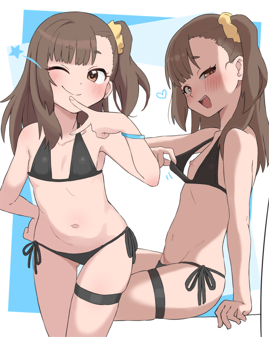 1girl ;) bikini bikini_top_aside black_bikini brown_eyes brown_hair bubukka closed_mouth commentary flat_chest hair_ornament hair_scrunchie heart loli long_hair looking_at_viewer multiple_views navel nipples one_eye_closed one_side_up open_mouth original scrunchie side-tie_bikini_bottom sitting smile star_(symbol) swimsuit teeth thigh_strap upper_teeth_only uri_(bubukka) yariharu_uri_(bubukka) yellow_scrunchie