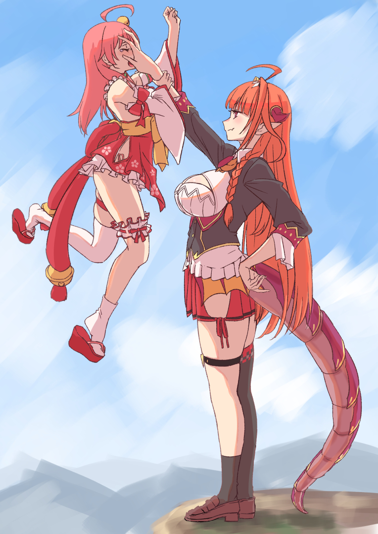 2girls ahoge asymmetrical_legwear black_socks black_thighhighs blue_sky braid breasts brown_shoes cherry_blossom_print cleavage_cutout clenched_hand cliff closed_eyes clothing_cutout day detached_sleeves dragon_girl dragon_tail fang floral_print frilled_thigh_strap hair_ornament hair_over_shoulder hand_on_own_hip height_difference hololive kiryu_coco kiryu_coco_(1st_costume) large_breasts lifting_person long_hair looking_at_another multiple_girls nyantiu orange_hair outdoors pink_hair pointy_ears sakura_miko sakura_miko_(1st_costume) sandals shoes single_sock single_thighhigh skin_fang sky socks tail tears thigh_strap thighhighs virtual_youtuber white_socks white_thighhighs wide_sleeves