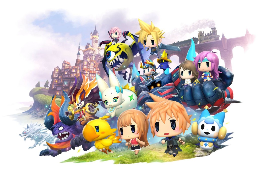 animal armor bablizz belt bird black_mage_(final_fantasy) blue_eyes brown_hair building buster_sword cat character_request chibi chibi_inset chibi_only chocobo cloud_strife cyclops fangs final_fantasy floating flying gloves gold green_eyes hat headphones helmet horns jewelry multiple_boys multiple_girls necklace official_art one-eyed open_mouth orange_hair pink_hair promotional_art purple_hair running skirt smile snow spiked_hair sword tail train weapon white_fur wings witch_hat wold wolf world_of_final_fantasy